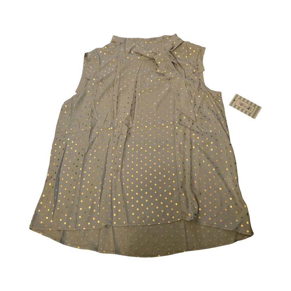 Tulip B Womens Lavender Grey Gold Metallic Polka Dot Tie Neck Sleeveless TOP NWT